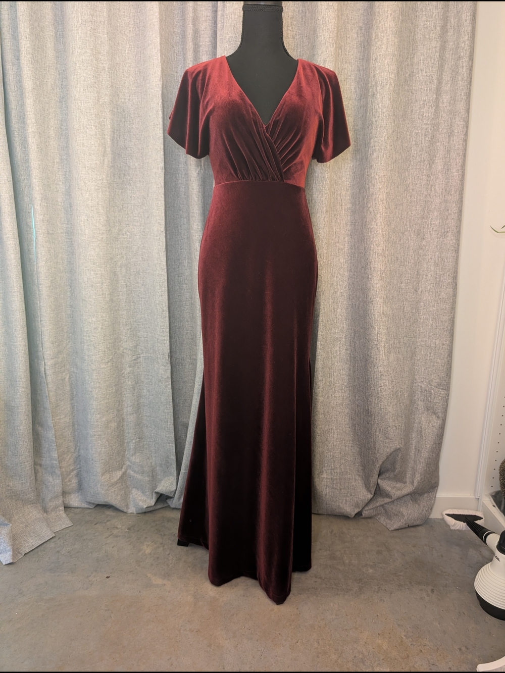 Jenny Yoo Flutter-sleeve Burgundy Velvet V-Neck Open-back Evening Dress